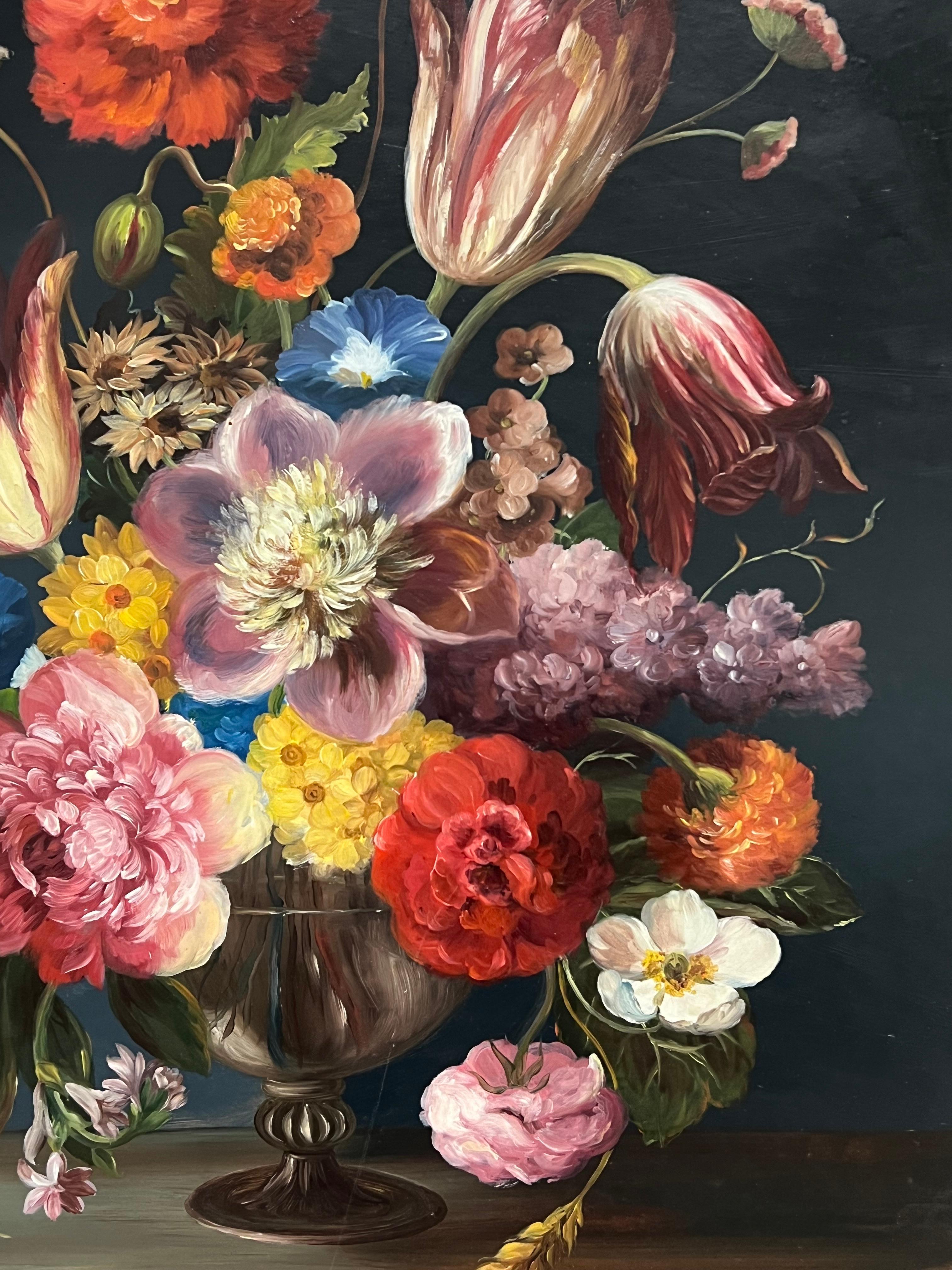 Fine Dutch Classical Still Life Oil Painting Ornate Flowers in Bowl Signed For Sale 4