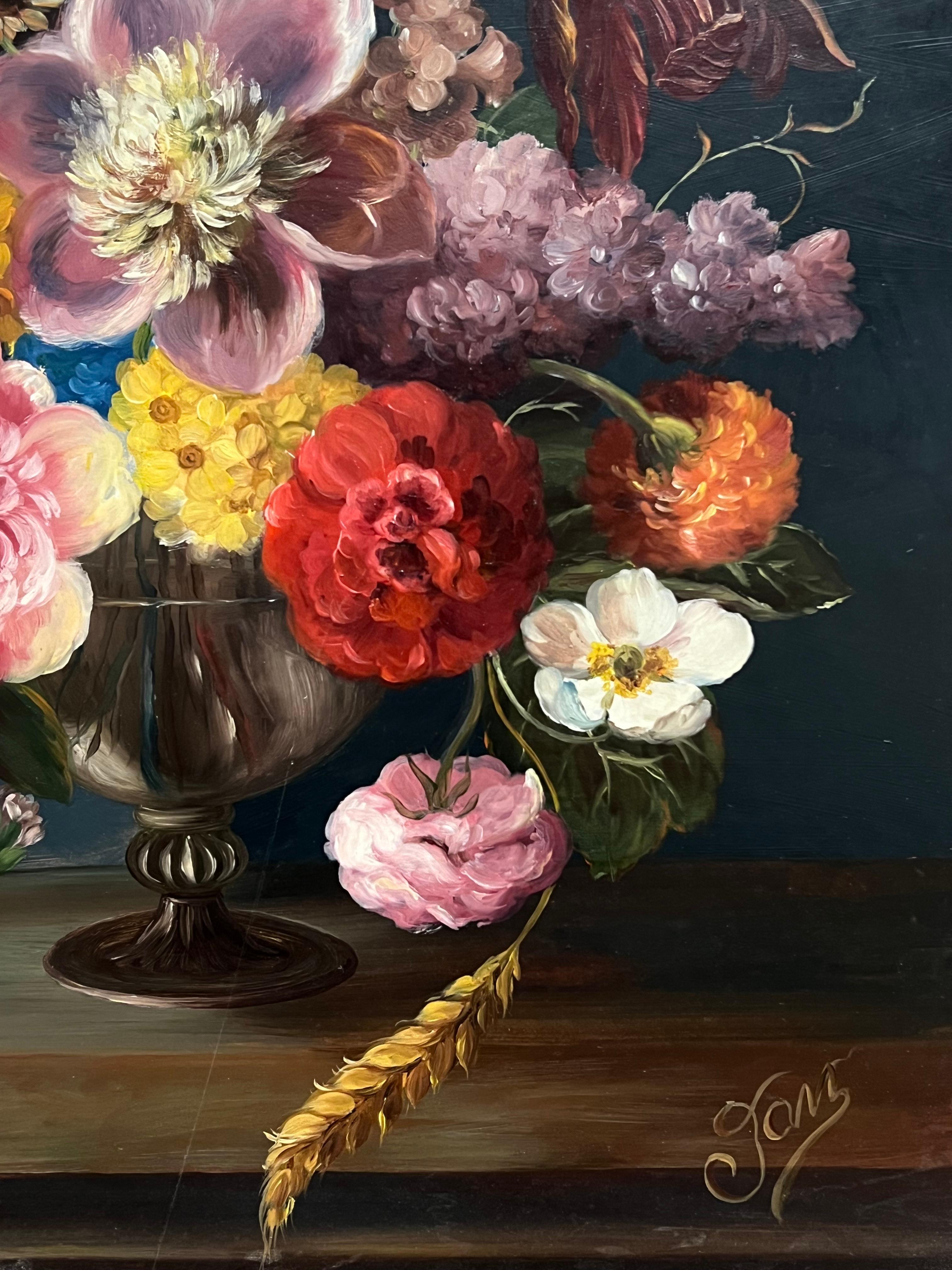 Fine Dutch Classical Still Life Oil Painting Ornate Flowers in Bowl Signed For Sale 6