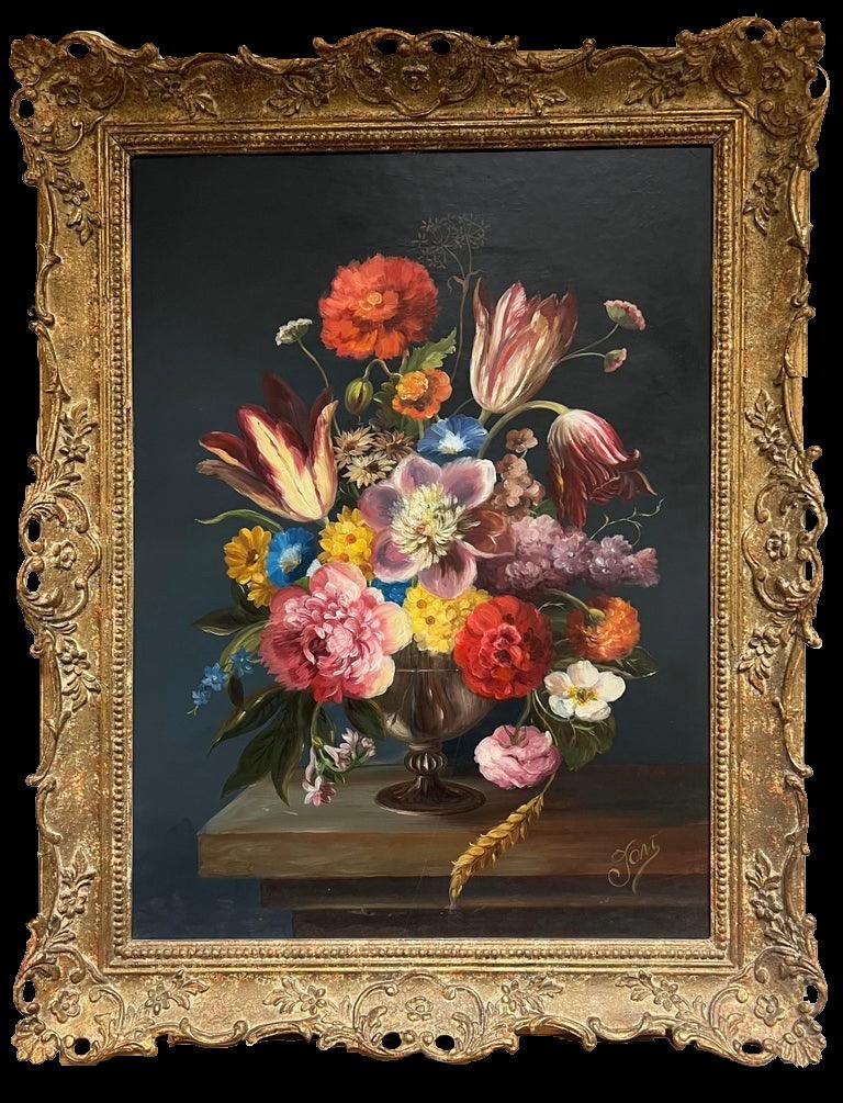 Fine Dutch Classical Still Life Oil Painting Ornate Flowers in Bowl Signed