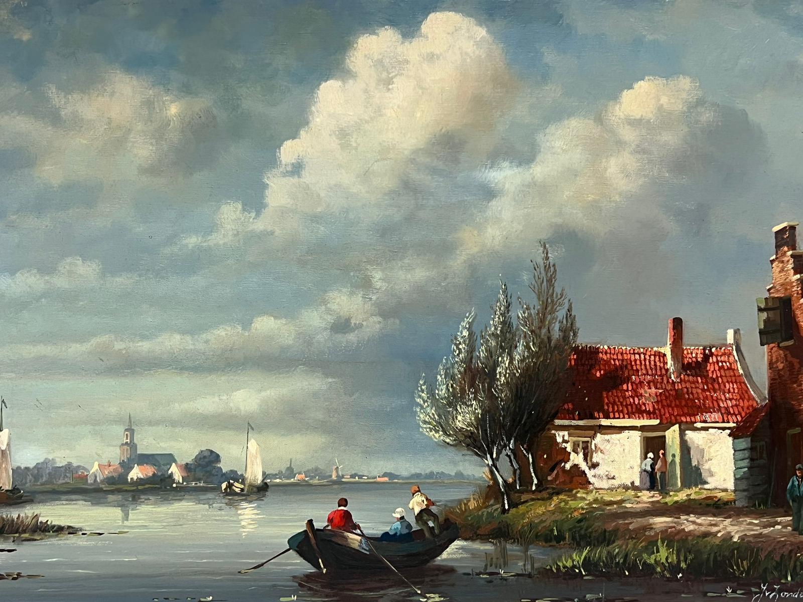 Large Traditional Dutch River Landscape with Old Town & Houses Signed Oil  - Painting by Dutch School