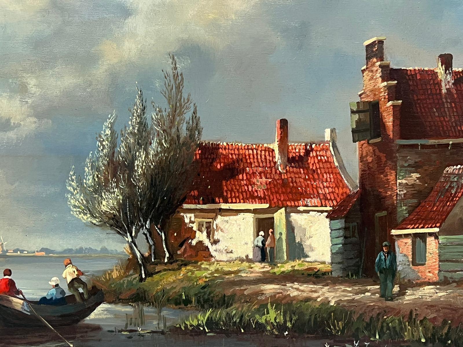 Large Traditional Dutch River Landscape with Old Town & Houses Signed Oil  - Old Masters Painting by Dutch School