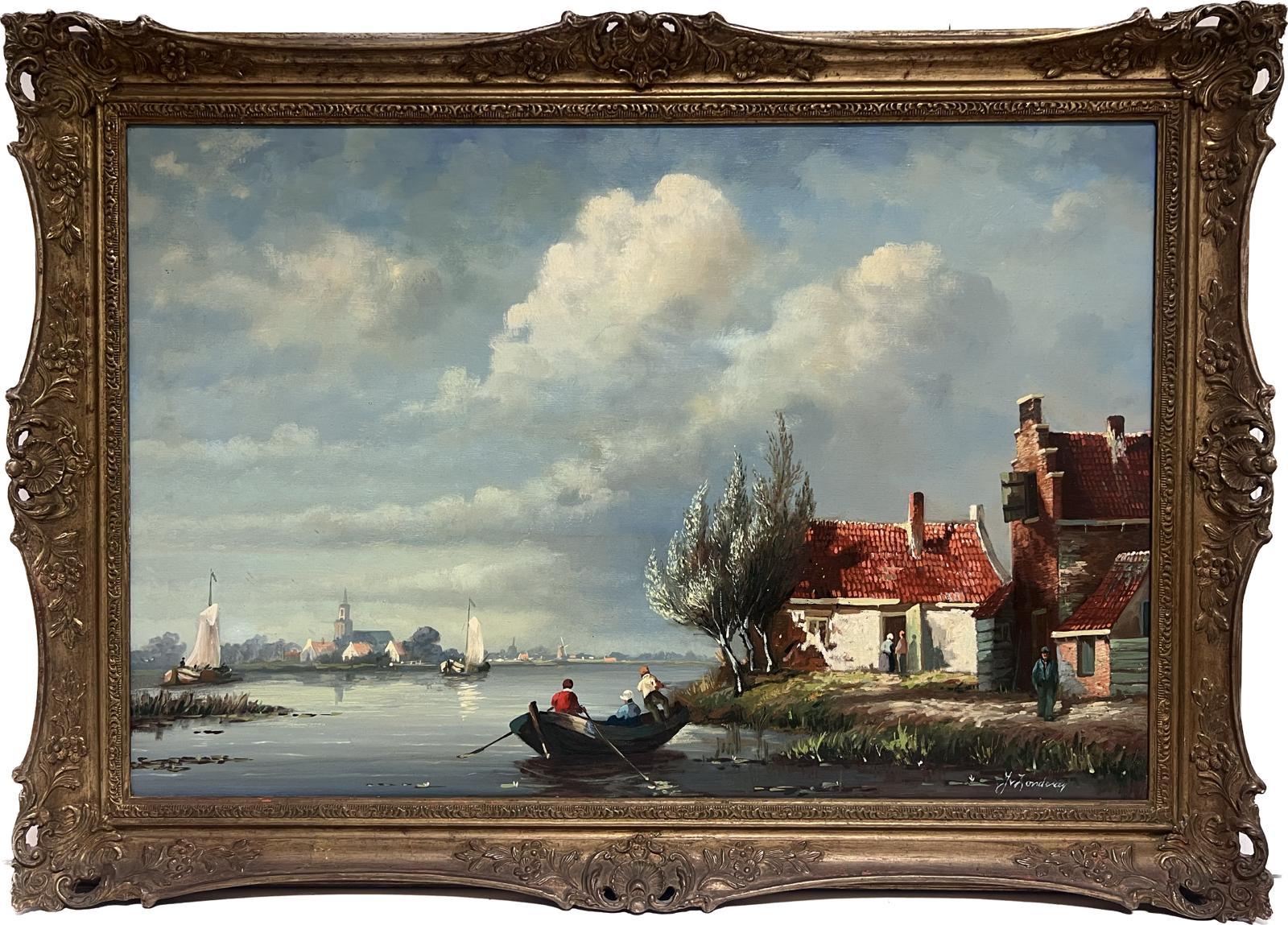 Dutch School Landscape Painting - Large Traditional Dutch River Landscape with Old Town & Houses Signed Oil 