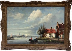 Large Traditional Dutch River Landscape with Old Town & Houses Signed Oil 