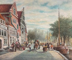 Busy Dutch Canal Market Scene Large Signed Oil Painting with Figures