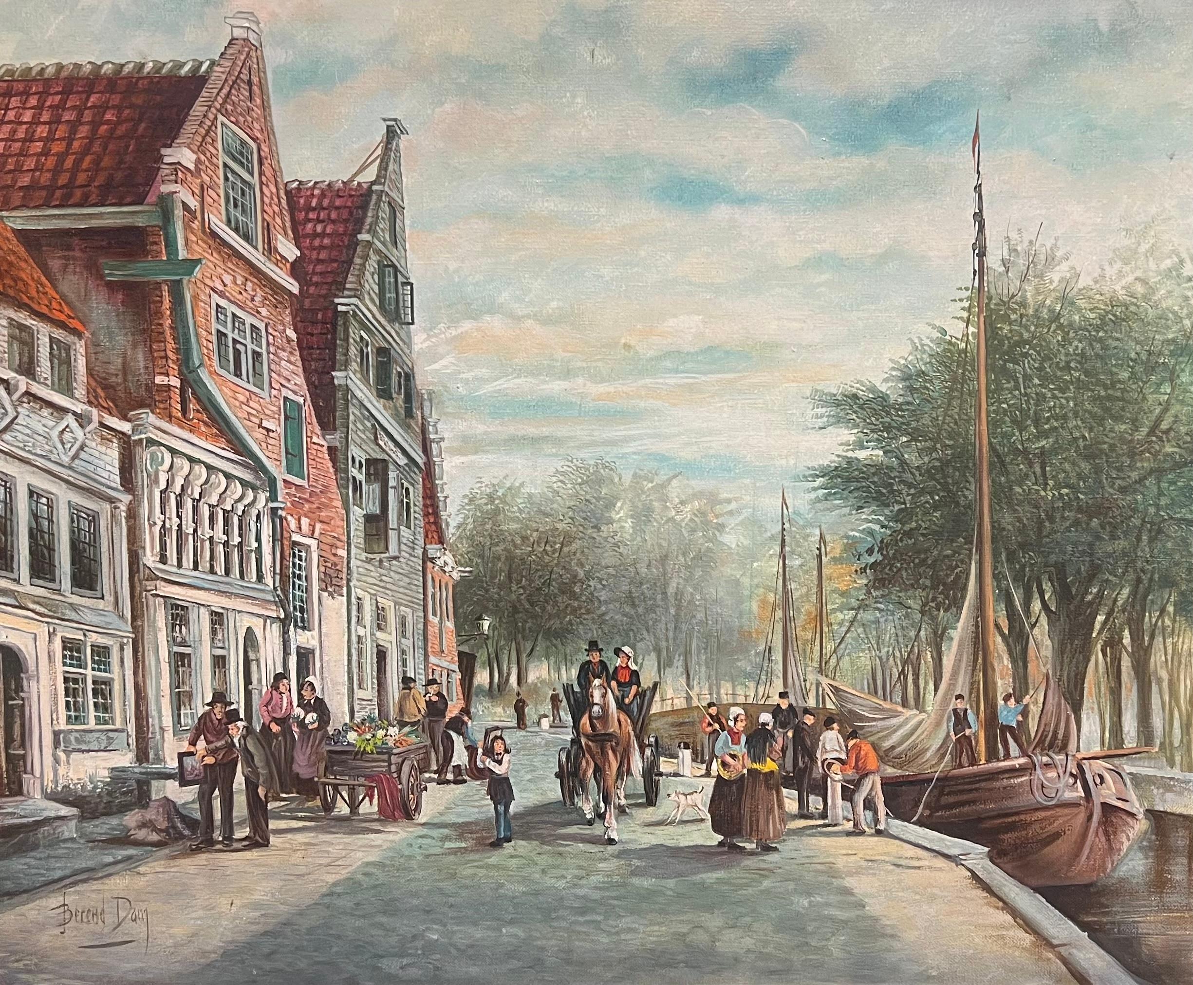 Ajetreada escena de mercado en un canal holandés Gran cuadro al óleo firmado con figuras - Painting Escuela holandesa de Dutch School