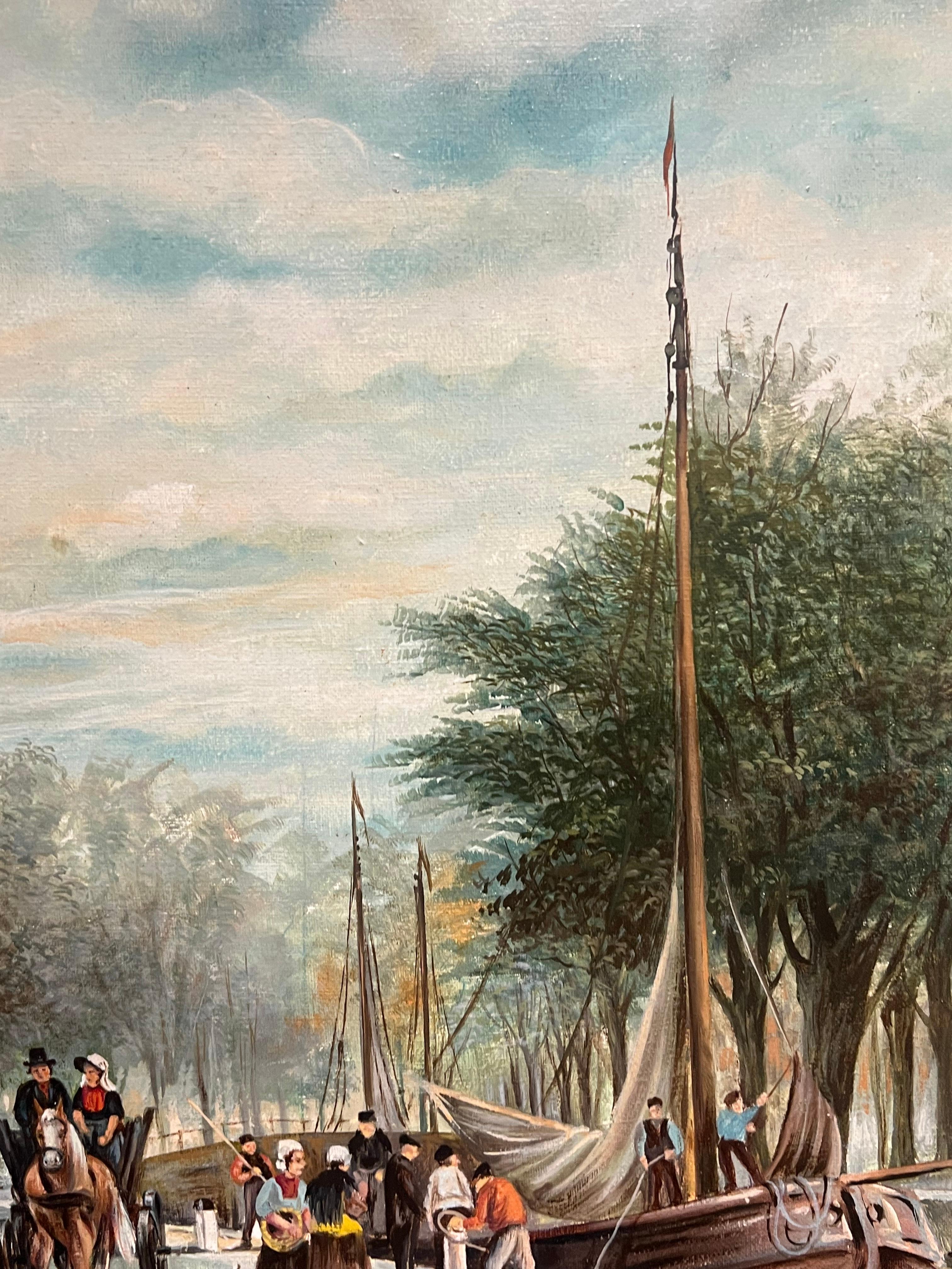 Ajetreada escena de mercado en un canal holandés Gran cuadro al óleo firmado con figuras - Figurative Painting Marrón de Dutch School