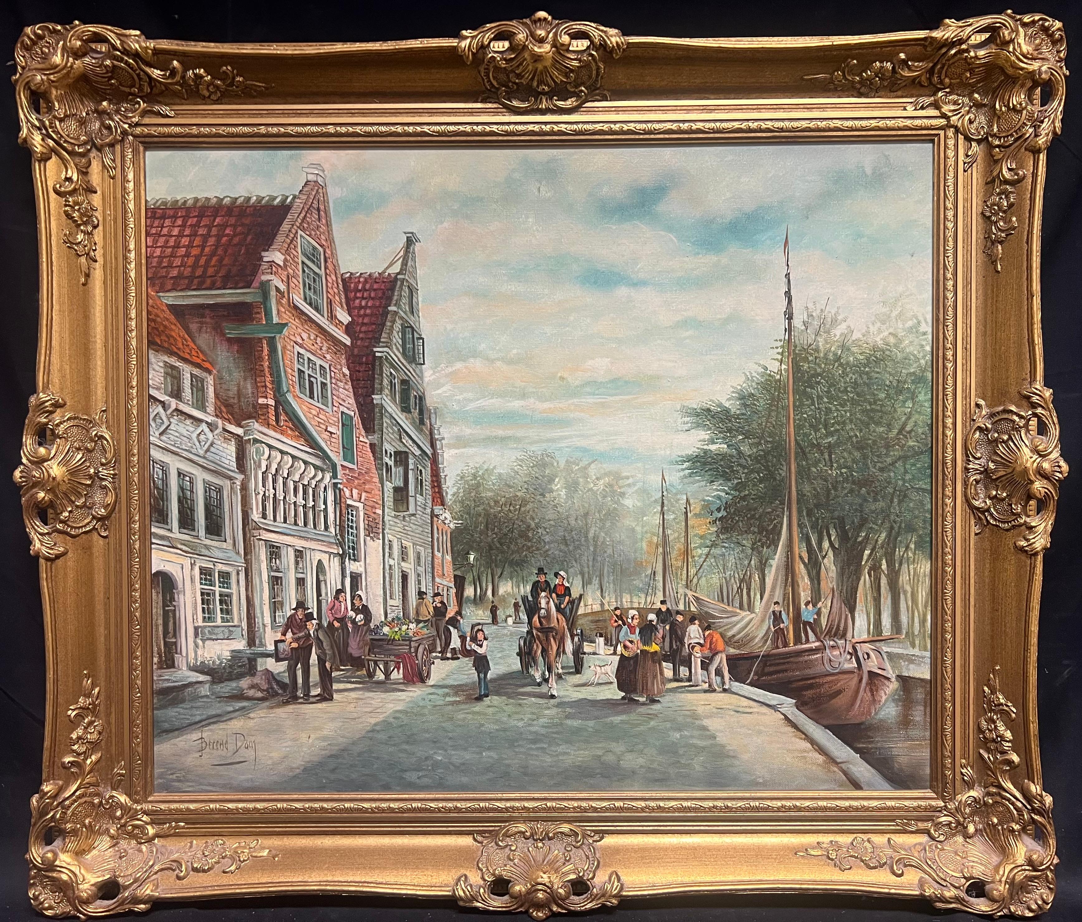 Scena di mercato sul canale olandese, grande dipinto a olio firmato con figure