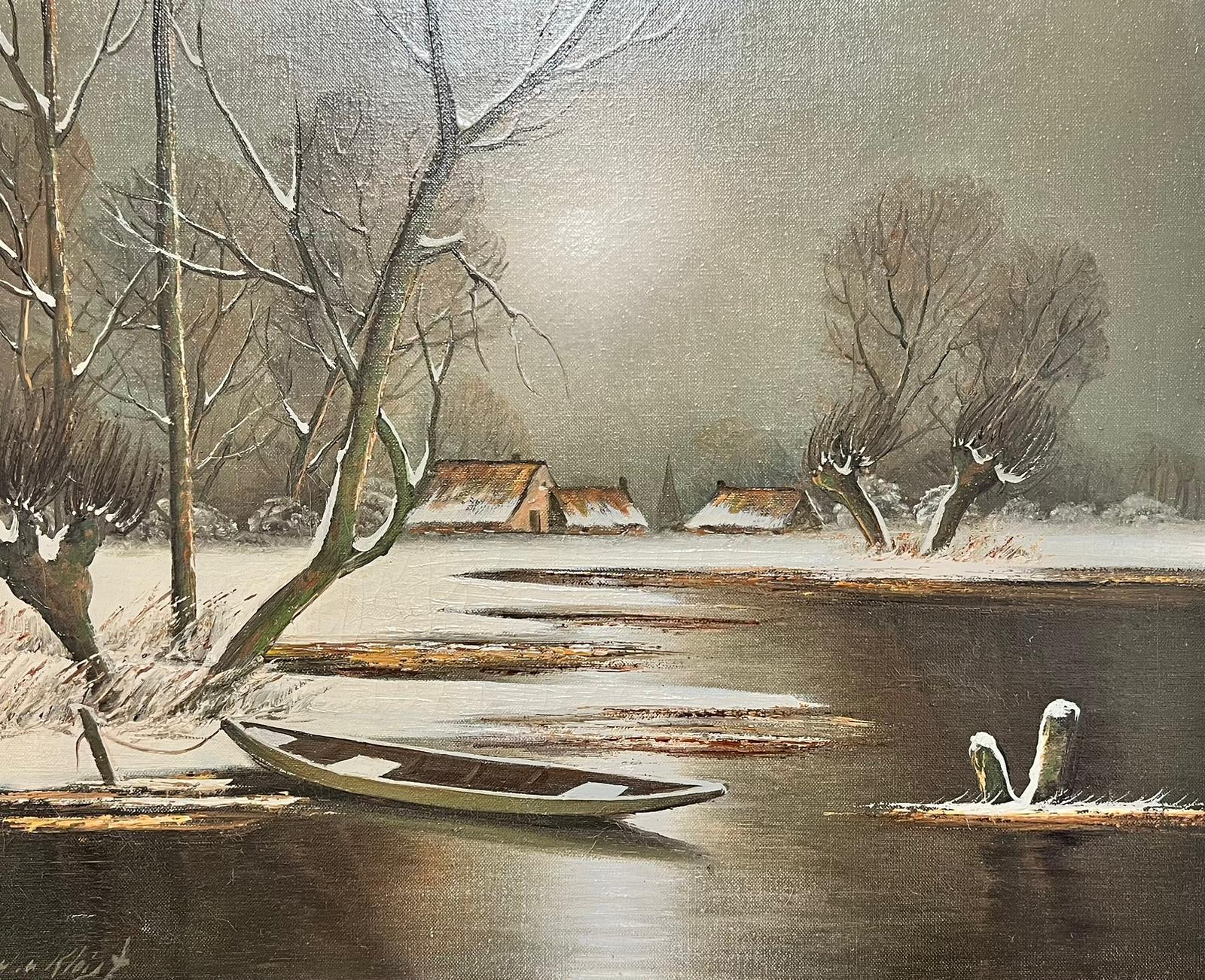 Paysage de lac de neige d'hiver avec bateau moulé signé, peinture à l'huile néerlandaise - Painting de Dutch School