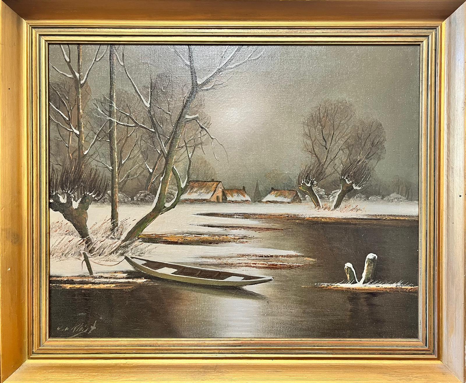 Landscape Painting Dutch School - Paysage de lac de neige d
hiver avec bateau moulé signé, peinture à l
huile néerlandaise