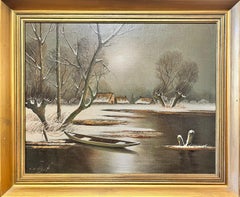 Winter Snow Lake Landscape with Moored Boat Signed Dutch Oil Painting