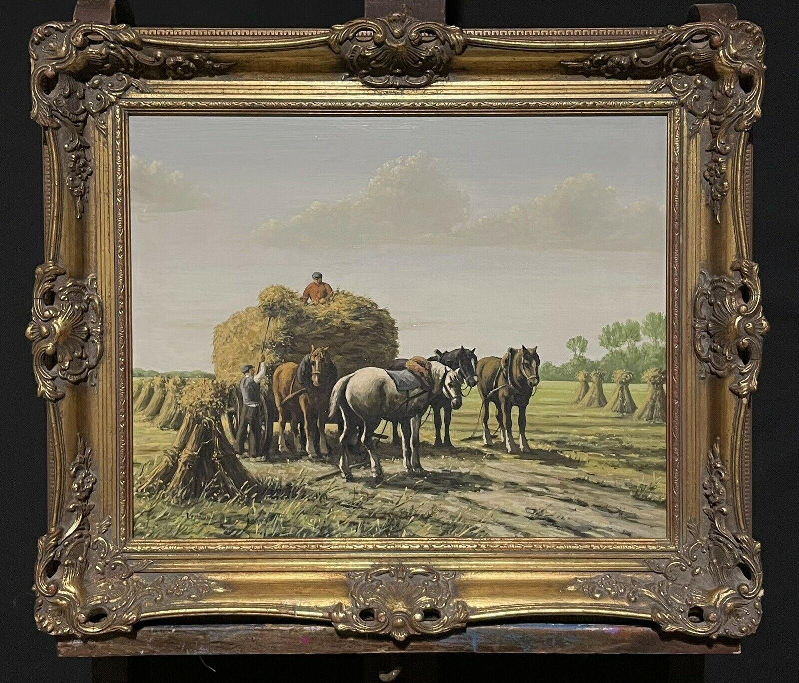 Farmer Loading Hay Cart in Harvest Fields and Horses, signed oil painting - Painting by Dutch School