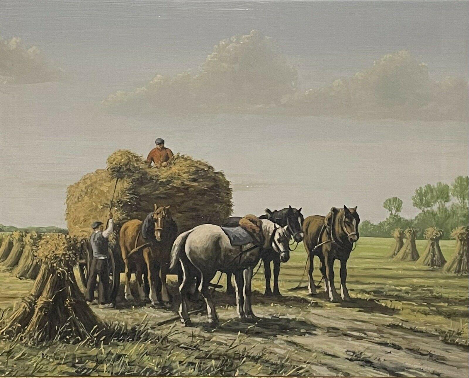 Dutch School Animal Painting - Farmer Loading Hay Cart in Harvest Fields and Horses, signed oil painting