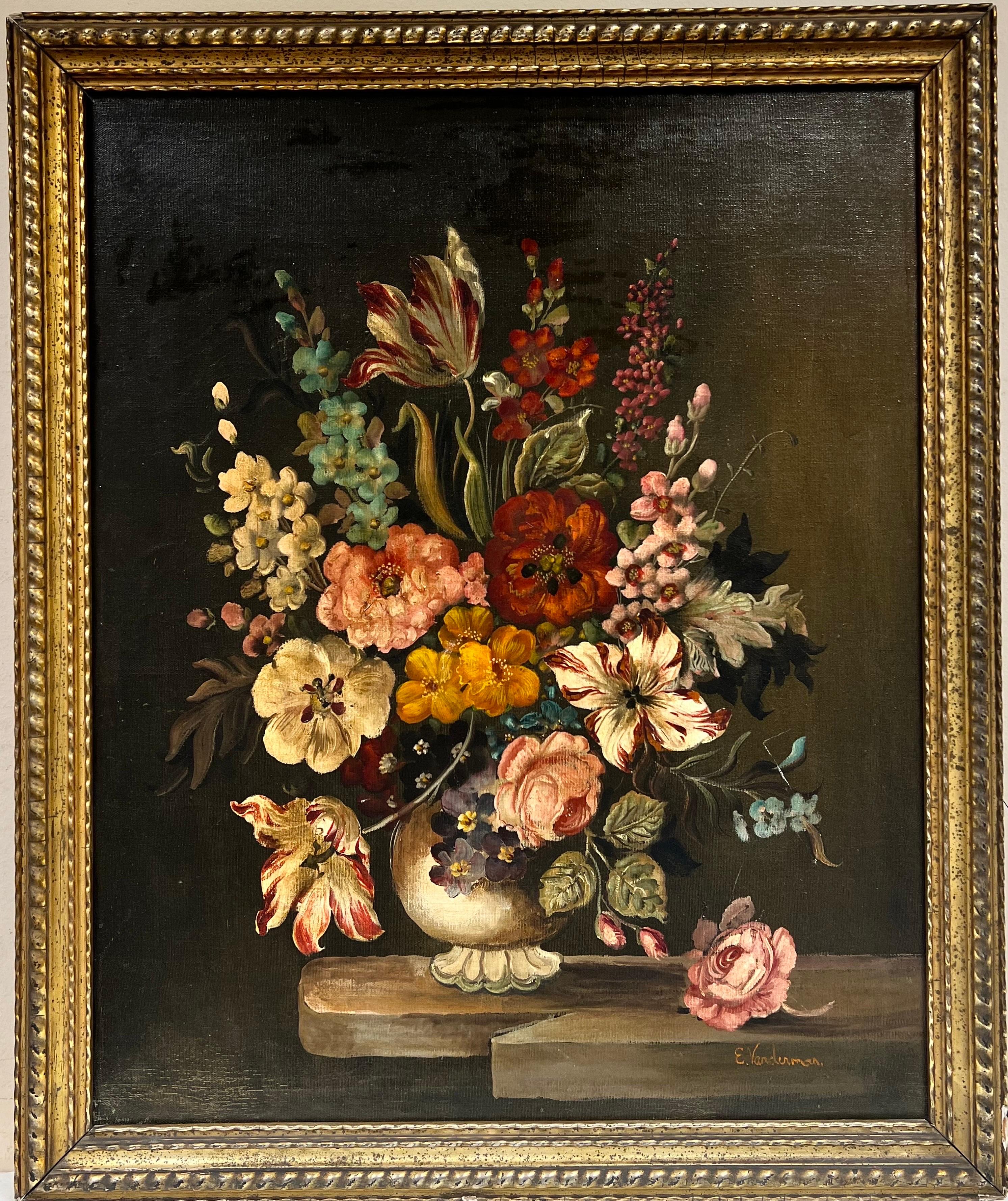Fine Large Classical Dutch Still Life Ornate Flowers gilt framed oil painting - Painting by Dutch School