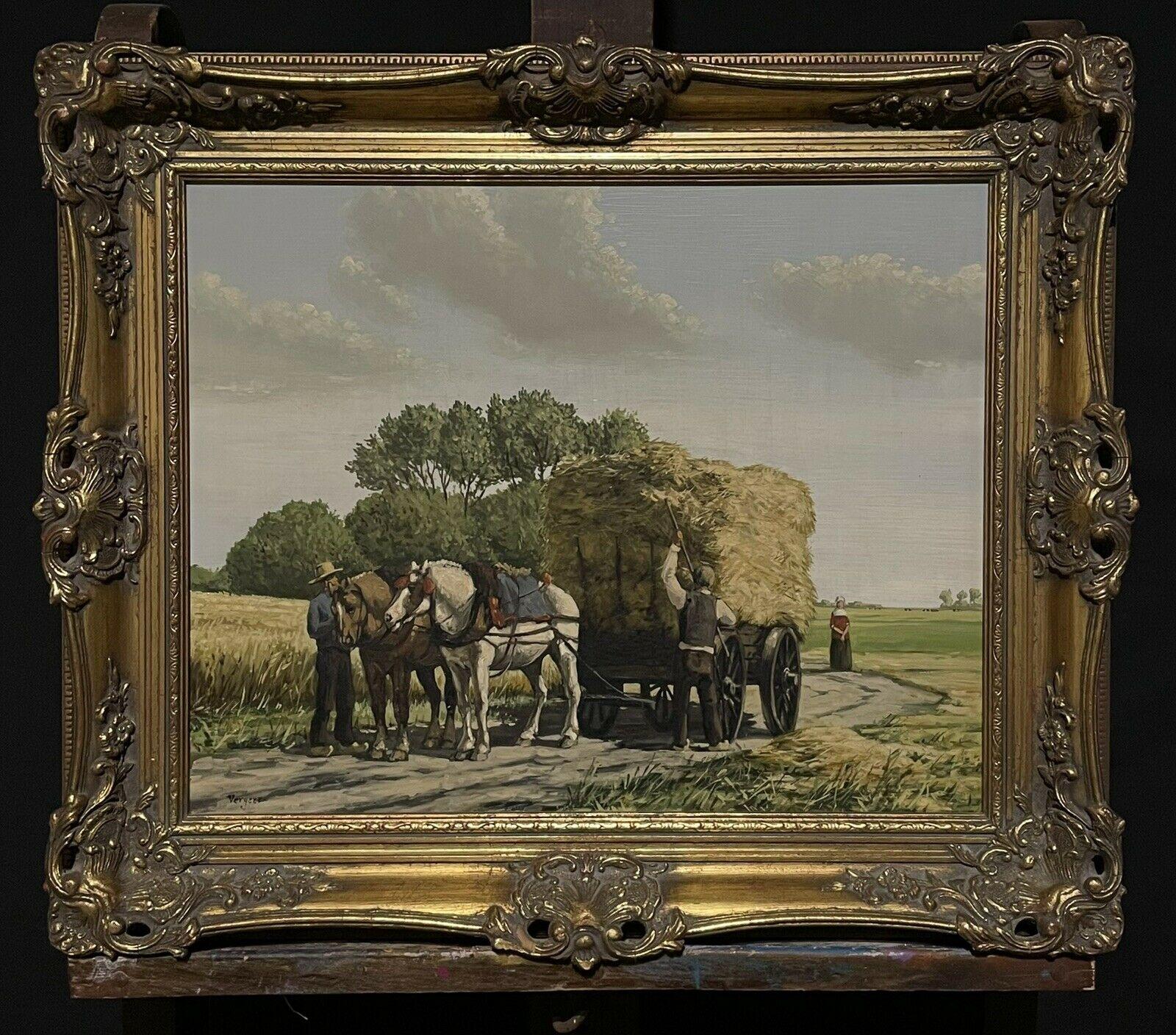 Harvest Scene Horses Pulling the Hay Cart home, rural oil painting, signed - Painting by Dutch School
