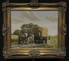 Harvest Scene Horses Pulling the Hay Cart home, rural oil painting, signed