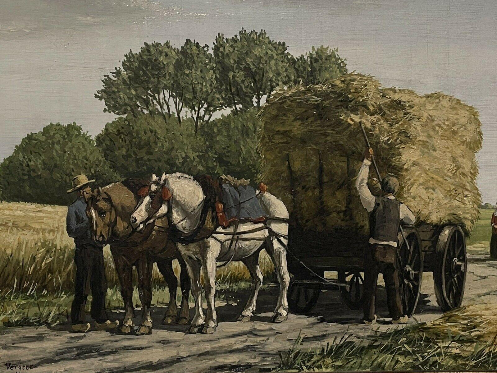 Harvest Scene Horses Pulling the Hay Cart home, ländliches Ölgemälde, signiert (Impressionismus), Painting, von Dutch School