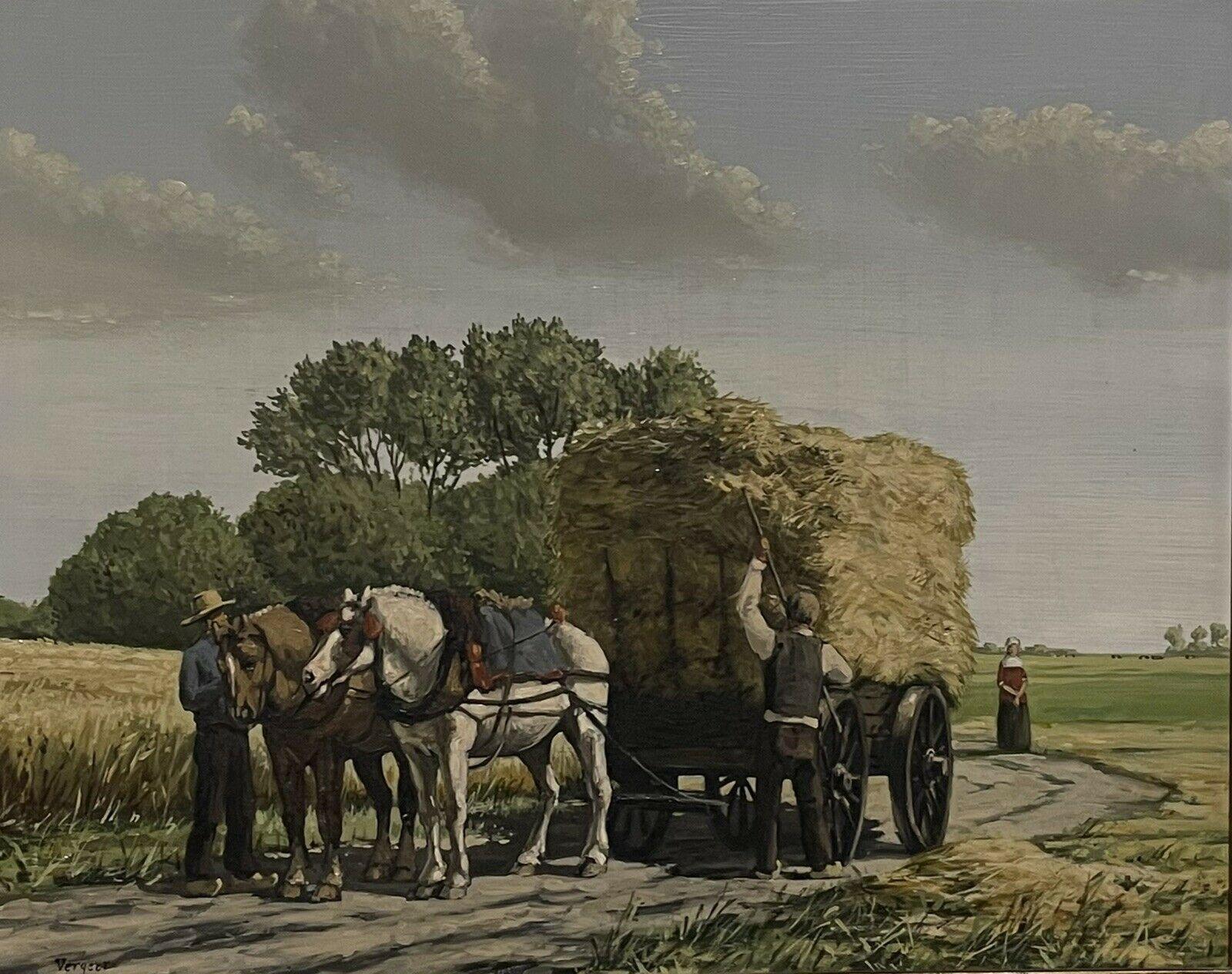 Dutch School Animal Painting - Harvest Scene Horses Pulling the Hay Cart home, rural oil painting, signed