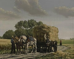 Harvest Scene Horses Pulling the Hay Cart home, rural oil painting, signed