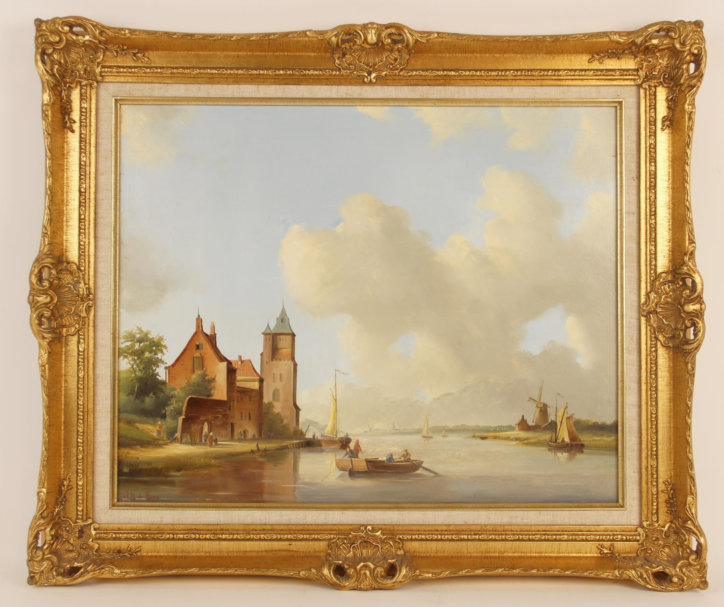 Traditional Dutch Harbour Scene Of Figures Rowing Oil Landscape - Painting by Dutch School