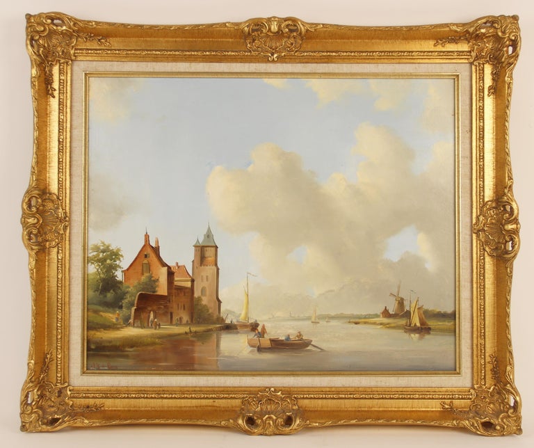 Dutch School - Traditional Dutch Harbour Scene Of Figures Rowing Oil ...