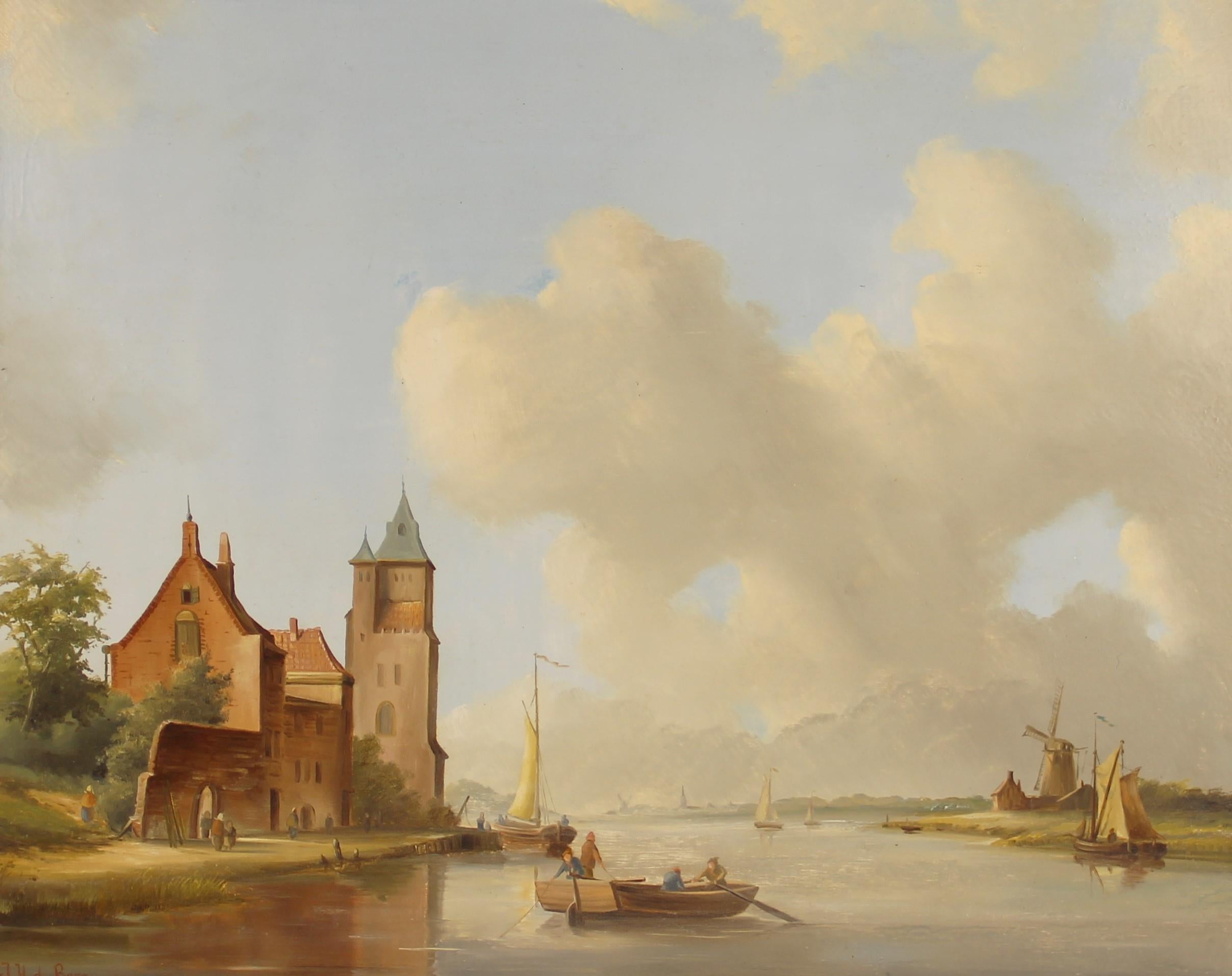 Dutch School Figurative Painting - Traditional Dutch Harbour Scene Of Figures Rowing Oil Landscape