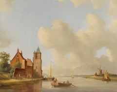 Traditional Dutch Harbour Scene Of Figures Rowing Oil Landscape