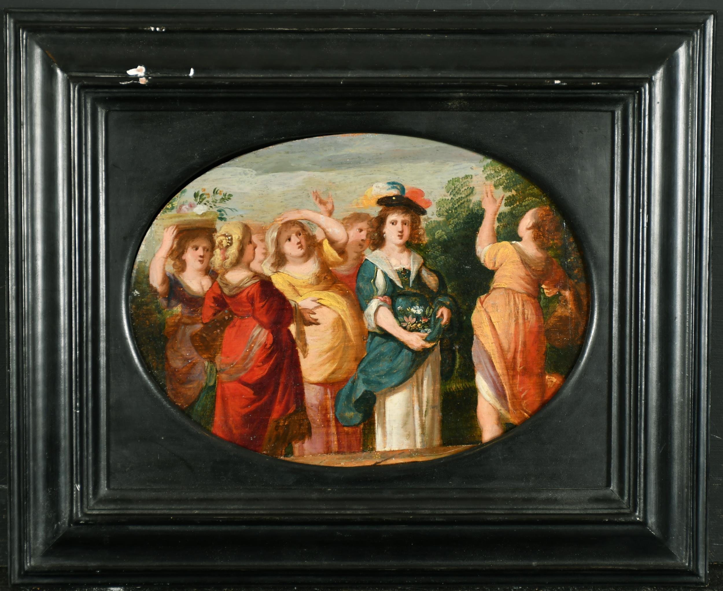 17th Century Dutch Old Master Oil on Panel, Ladies Gathering Flowers - Painting by Dutch School