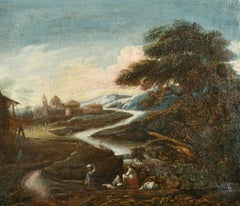 Antique 17th Century Dutch School Travellers in Winding Landscape Oil on Canvas