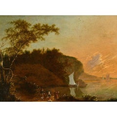Antique 18th Century Dutch School Romantic Sunset Coastal Scene with Figures