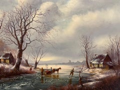 Figures Playing on the Ice Traditional Dutch Winter Scene Signed Oil Painting