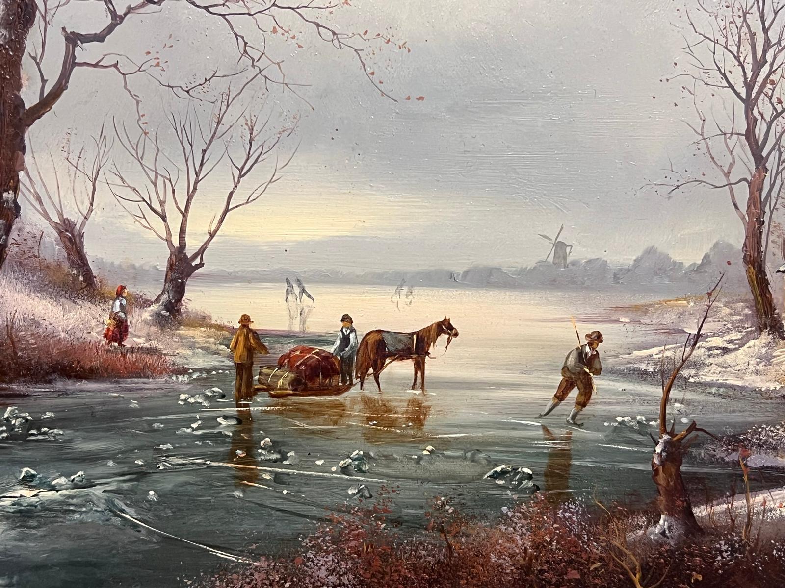 Figures Playing on the Ice Traditional Dutch Winter Scene Signed Oil Painting For Sale 3