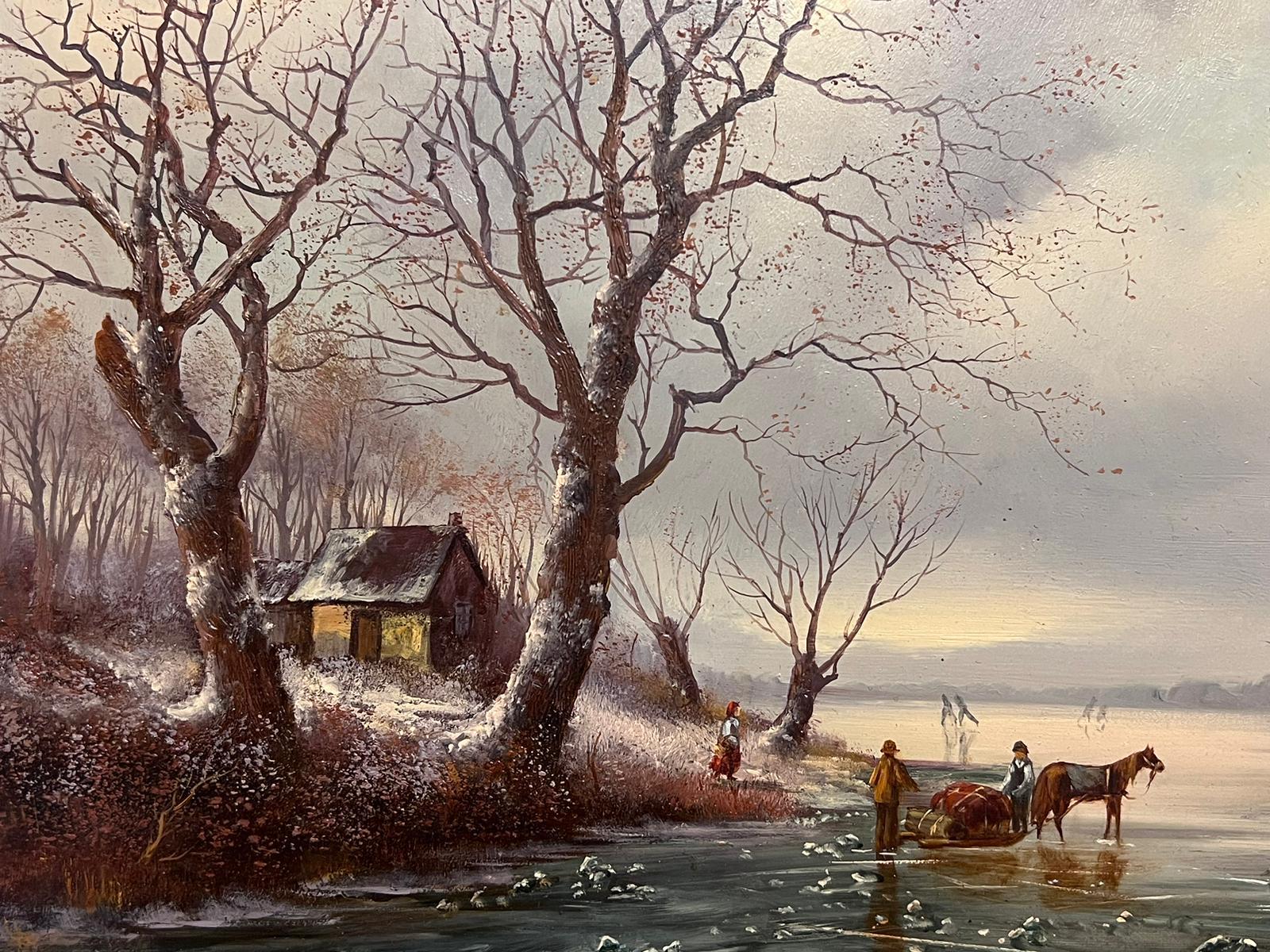 Figures Playing on the Ice Traditional Dutch Winter Scene Signed Oil Painting For Sale 4