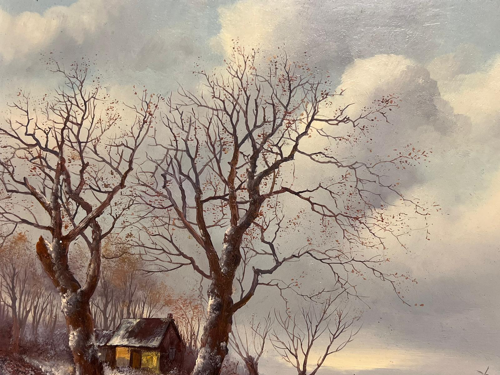 Figures Playing on the Ice Traditional Dutch Winter Scene Signed Oil Painting For Sale 5