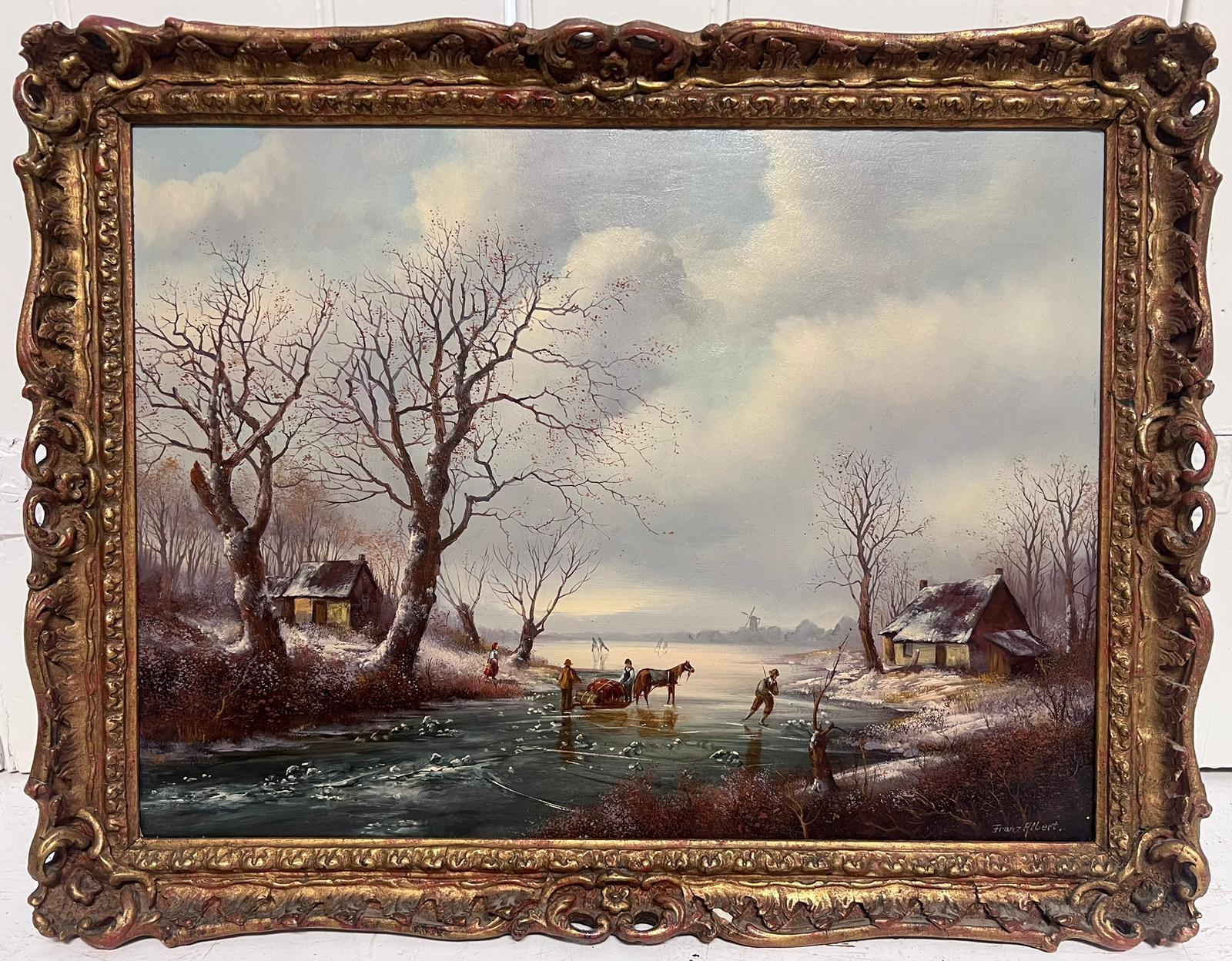 Figures Playing on the Ice Traditional Dutch Winter Scene Signed Oil Painting