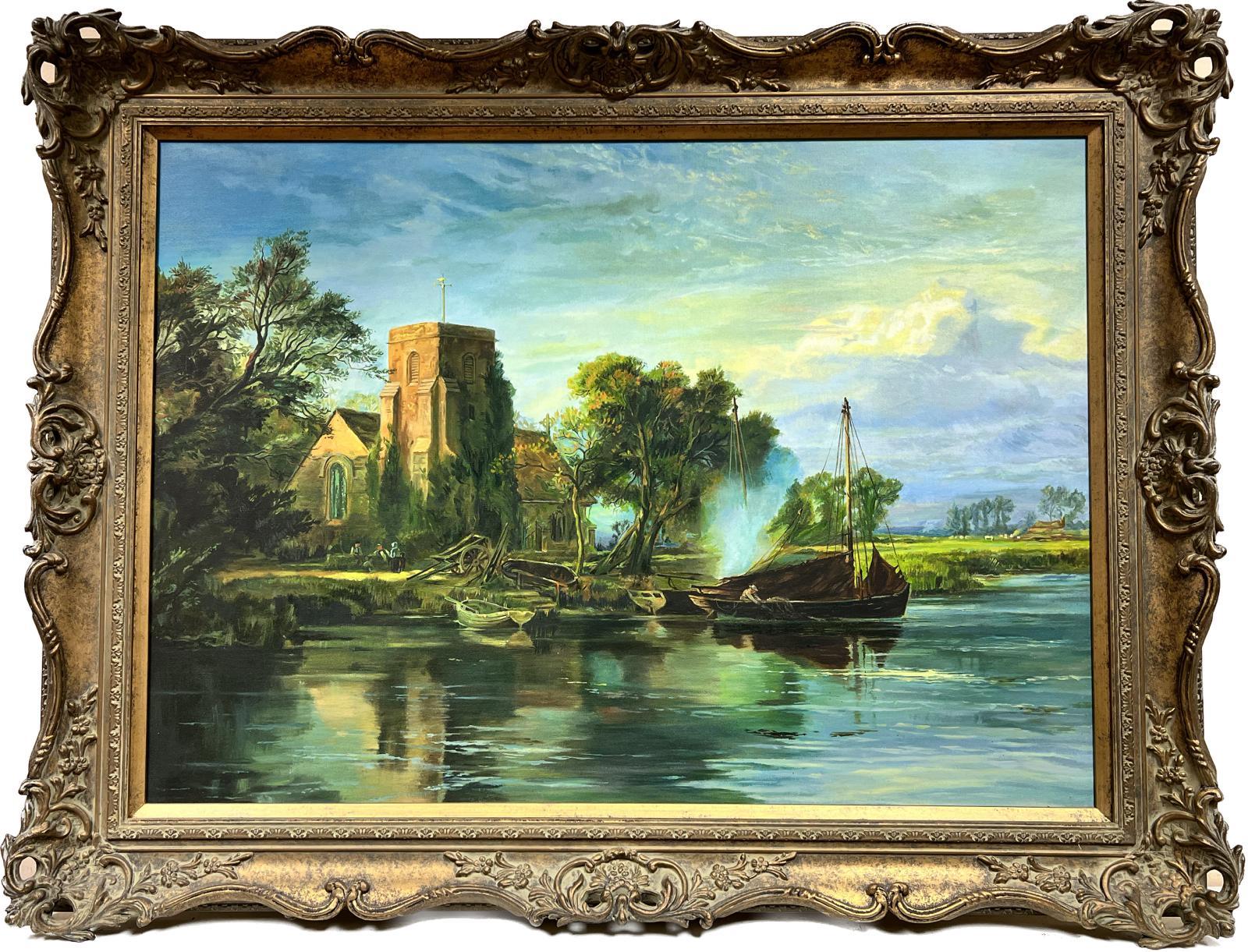 Dutch School Landscape Painting - Large Framed Oil Painting River Landscape Ferry Boats Old Church Abbey Buildings
