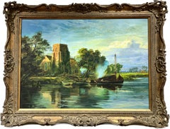 Large Framed Oil Painting River Landscape Ferry Boats Old Church Abbey Buildings