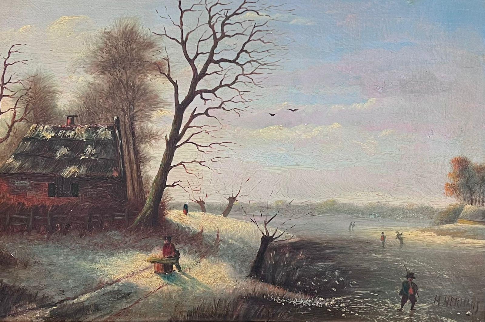 Classical Dutch Winter Landscape Figures in the Snow Signed & Framed Oil  - Painting by Dutch School