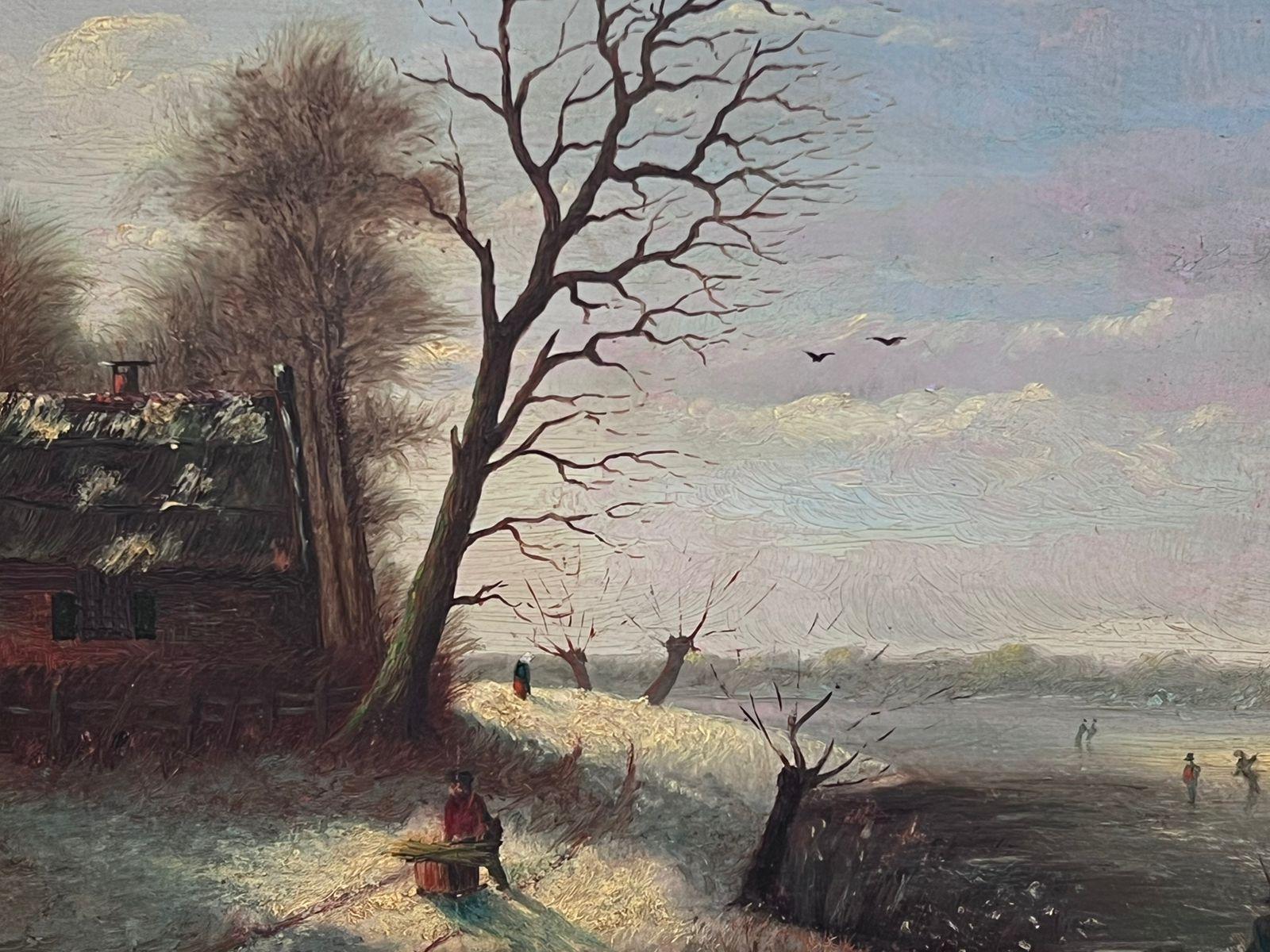 Classical Dutch Winter Landscape Figures in the Snow Signed & Framed Oil  - Old Masters Painting by Dutch School