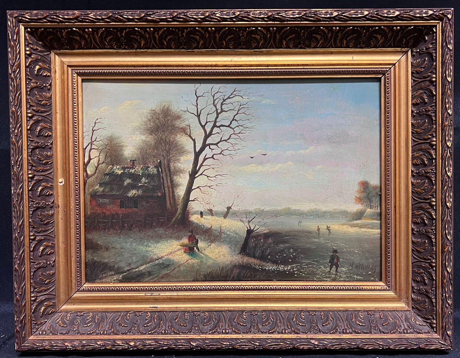Dutch School Figurative Painting - Classical Dutch Winter Landscape Figures in the Snow Signed & Framed Oil 