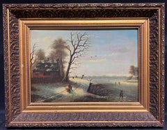 Huile classique hollandaise de paysage d'hiver avec personnages dans la neige, signée et encadrée 