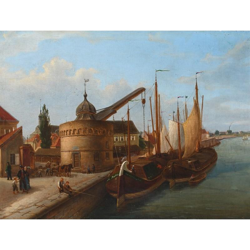 Artist/ School: Dutch School 1869, signed and dated

Title: Loading barges on a canal, with an elegant couple on the bank

Medium: signed oil painting on canvas, framed

overall size: 13 x 17.75 inches

Provenance: private collection,