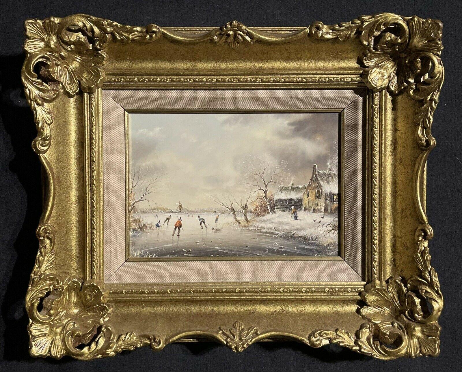 Paire de paysages d'hiver néerlandais représentant des patins à glace sur un lac et des peintures encadrées - Painting de Dutch School