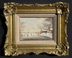 Pair of Dutch Winter Landscapes Ice Skating on Lake, Framed Pair of Paintings