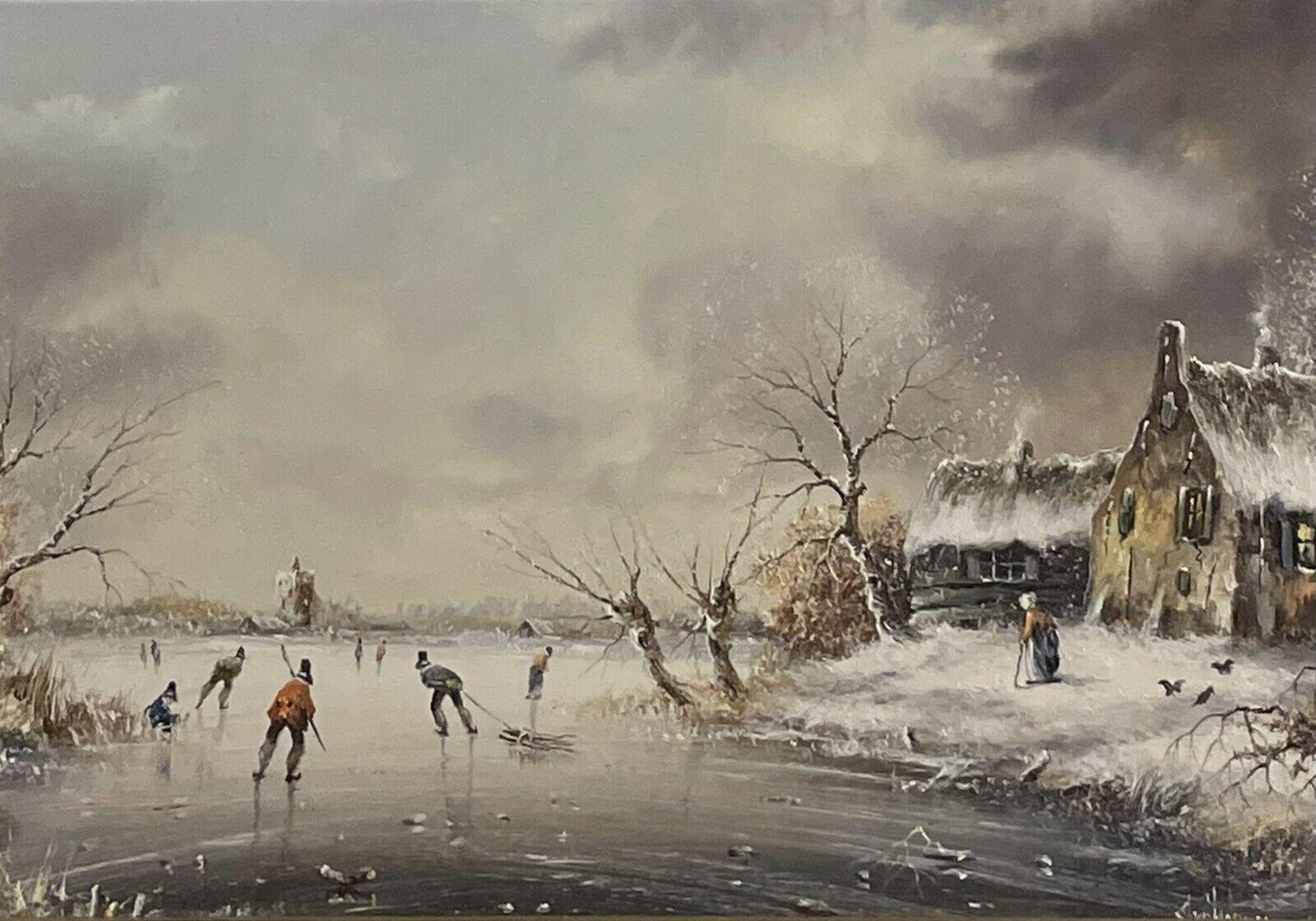 Paire de paysages d'hiver néerlandais représentant des patins à glace sur un lac et des peintures encadrées - Impressionnisme Painting par Dutch School