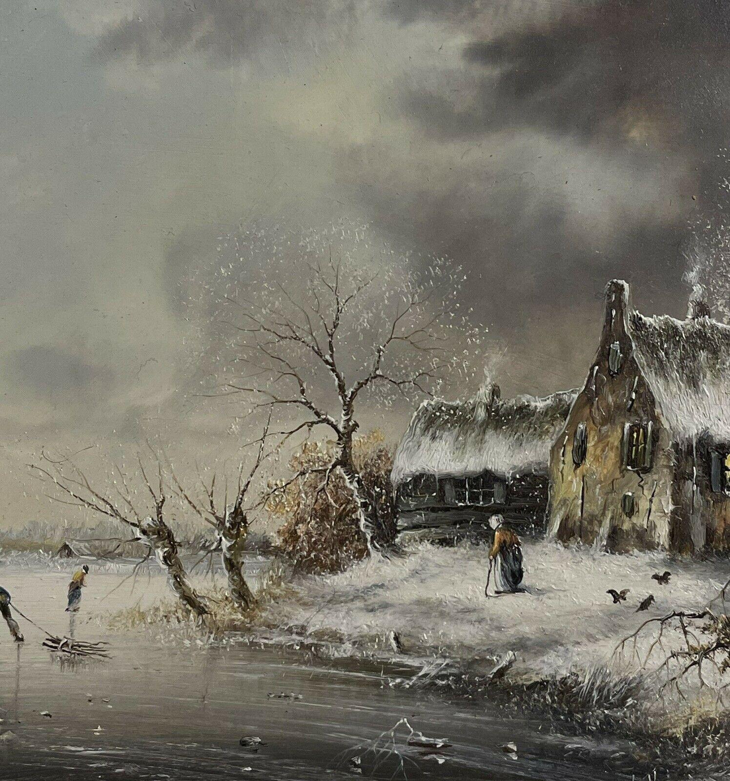 Paire de paysages d'hiver néerlandais représentant des patins à glace sur un lac et des peintures encadrées - Noir Figurative Painting par Dutch School