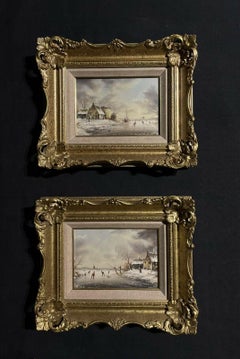 Pair of Dutch Winter Landscapes Ice Skating on Lake, Framed Pair of Paintings