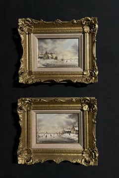 Paar niederländische Winterlandschaften, Eislaufen am See, gerahmtes Gemälde, Paar