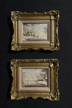 Vintage Pair of Dutch Winter Landscapes Ice Skating on Lake, Framed Pair of Paintings