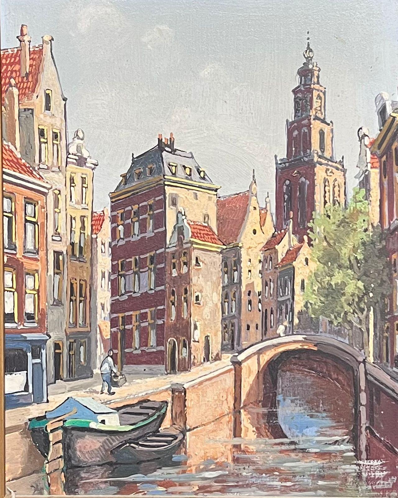 Puente y canal holandeses Calles traseras de Amsterdam Pintura al óleo enmarcada - Painting de Dutch School
