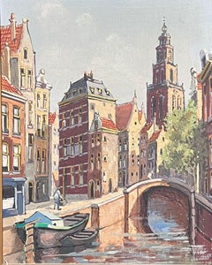 Dutch Bridge & Canal Amsterdam Back Streets Framed Oil Painting
